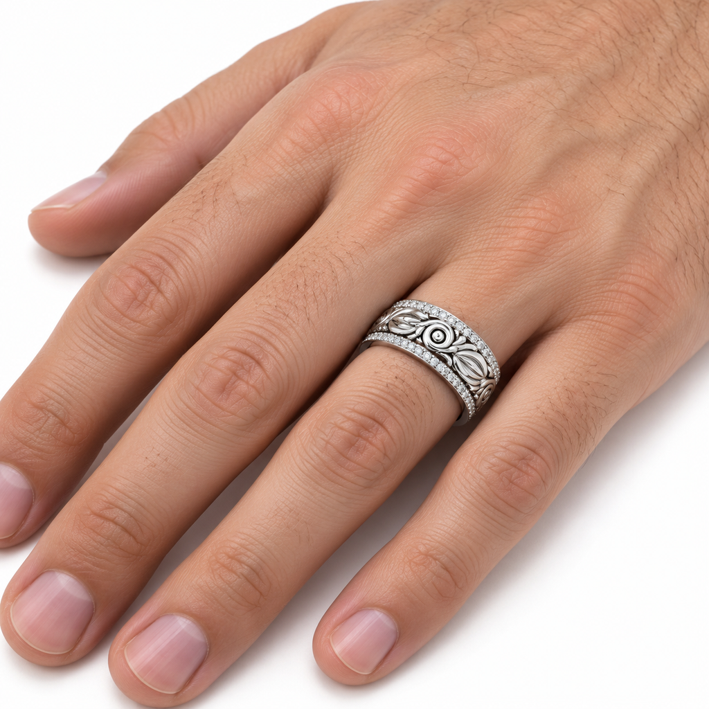 Men's 3/8 CTW Lab-Grown Diamond Accented Band – 689345 — 14K White Gold, on-hand photo