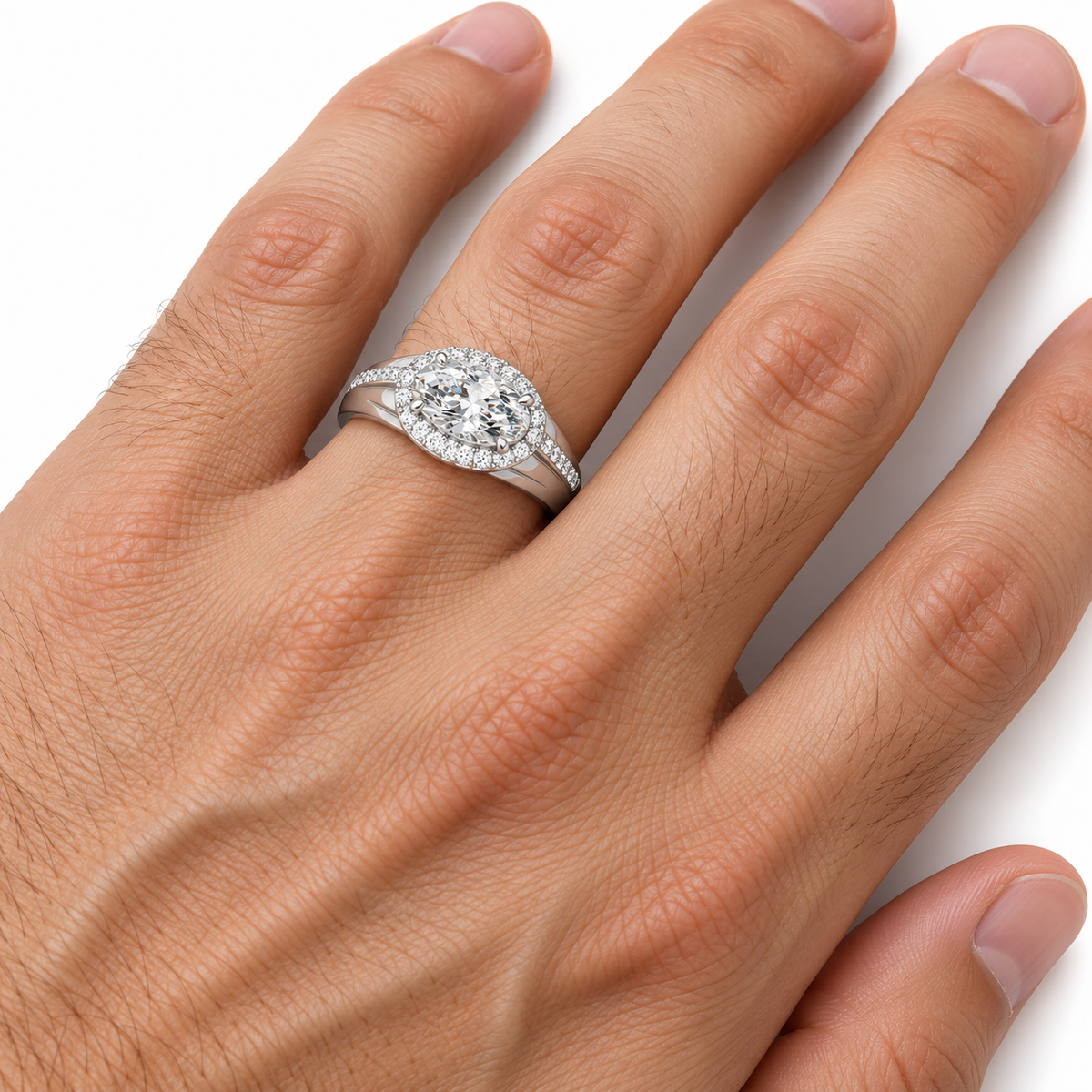 Men's 1 3/4 CTW Lab-Grown Diamond Halo-Style Tapered Band — 14K White Gold, on-hand photo