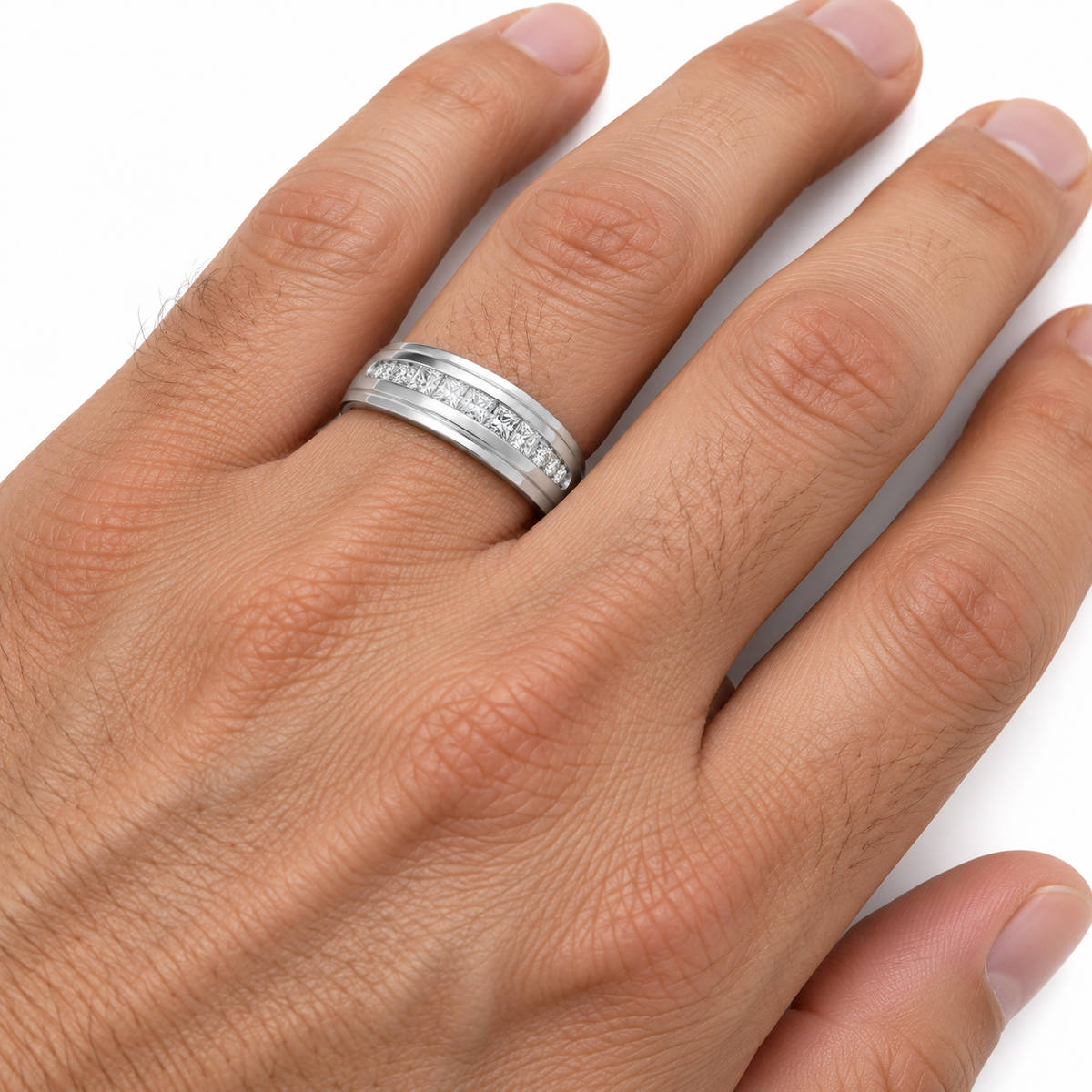 Men's 1/2 CTW Lab-Grown Diamond Channel-Set Tapered Band — 14K White Gold, on-hand photo