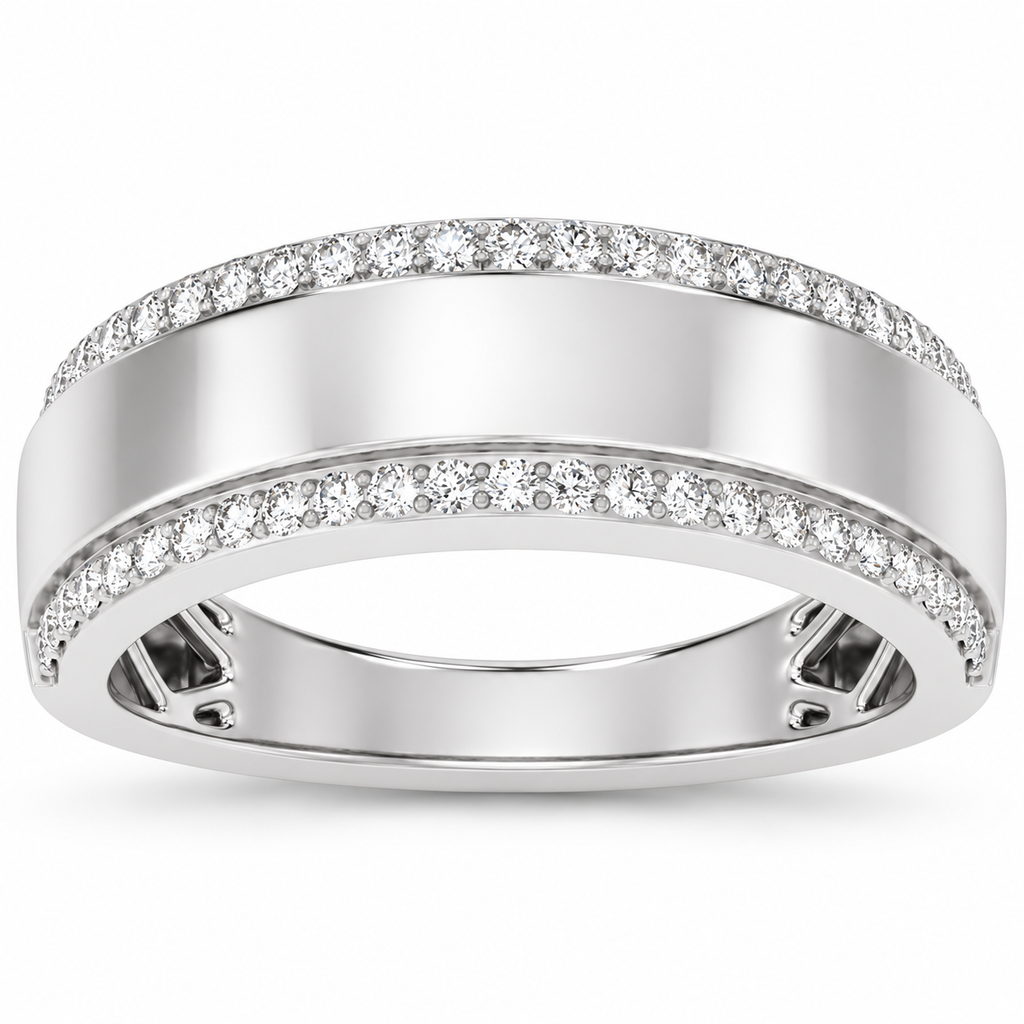 Men's 1/2 CTW Lab-Grown Diamond Stepped-Edge Tapered Half Round Band — 14K White Gold, front view