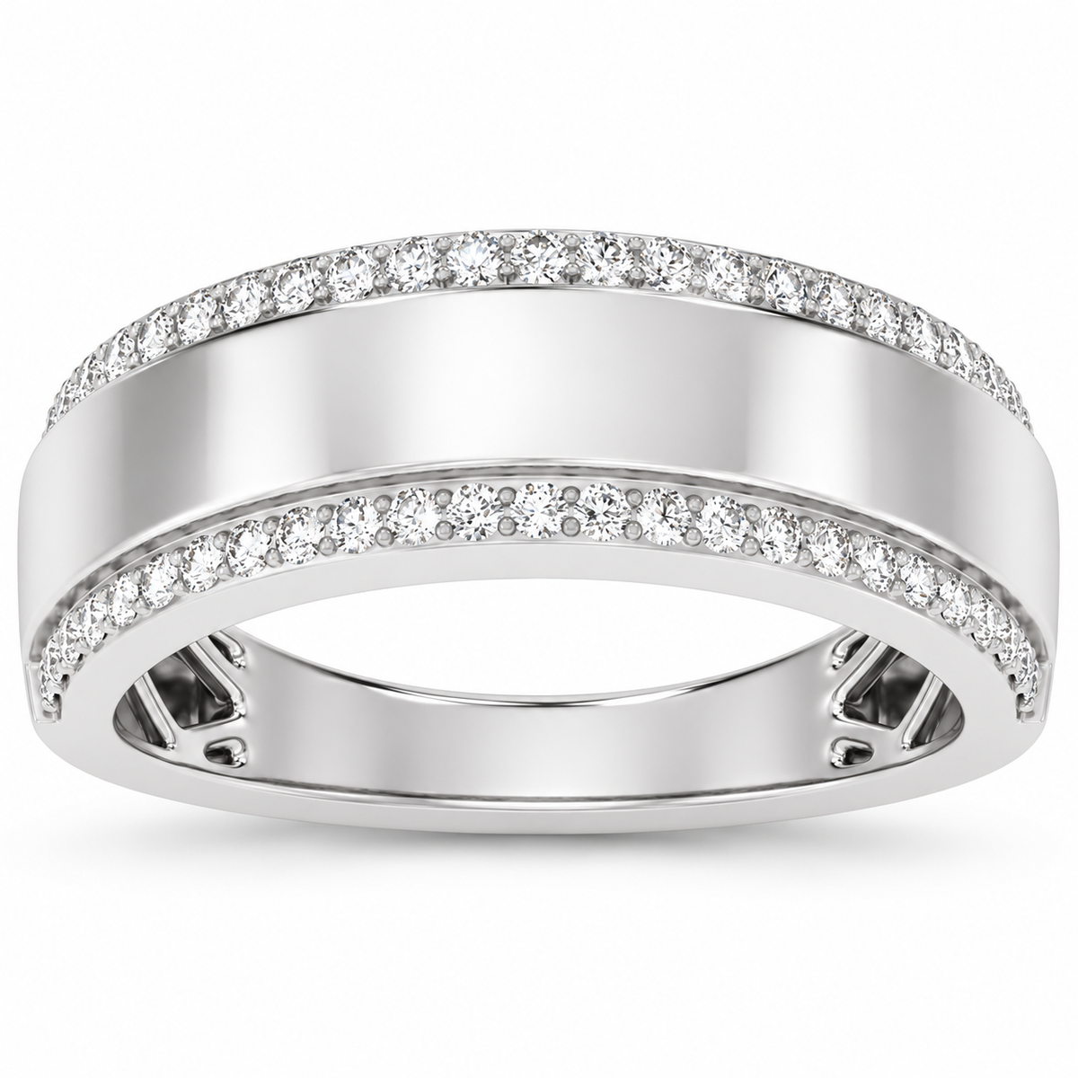 Men's 1/2 CTW Lab-Grown Diamond Stepped-Edge Tapered Half Round Band — 14K White Gold, front view