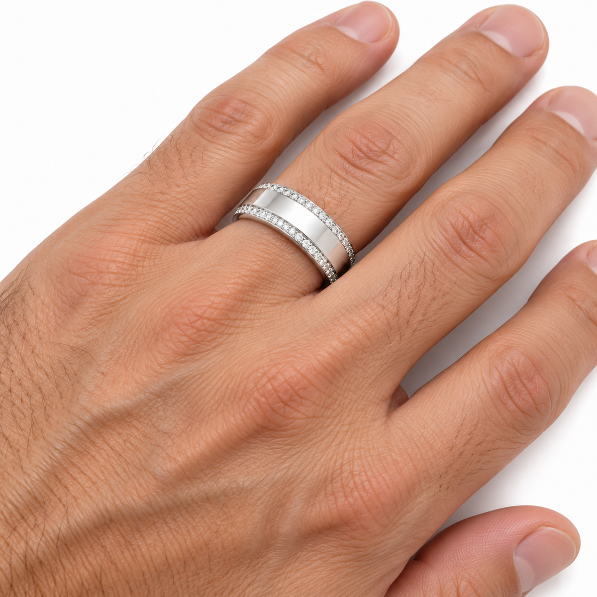 Men's 1/2 CTW Lab-Grown Diamond Stepped-Edge Tapered Half Round Band — 14K White Gold, on-hand photo