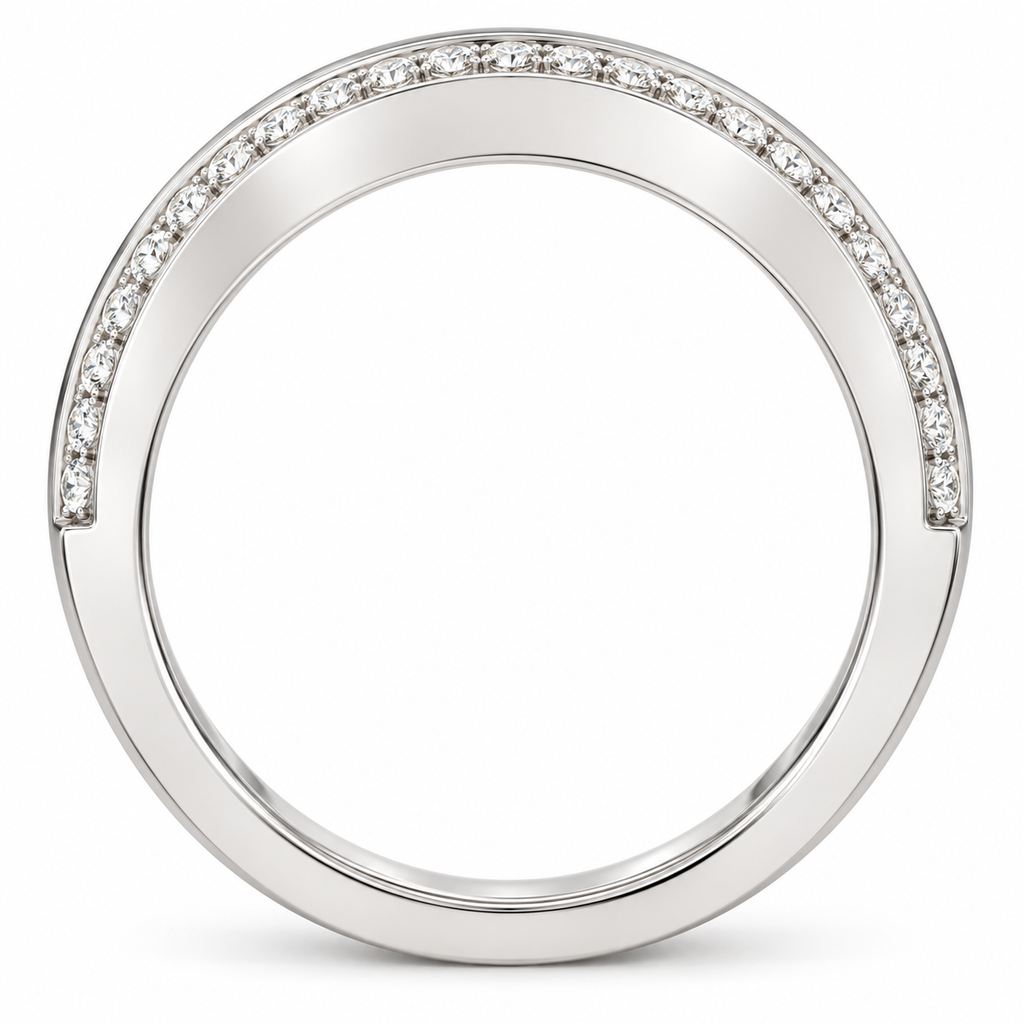Men's 1/2 CTW Lab-Grown Diamond Stepped-Edge Tapered Half Round Band — 14K White Gold, profile view