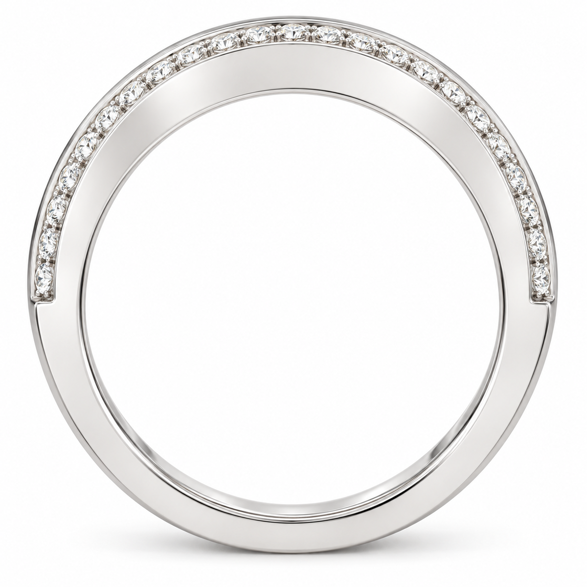 Men's 1/2 CTW Lab-Grown Diamond Stepped-Edge Tapered Half Round Band — 14K White Gold, profile view