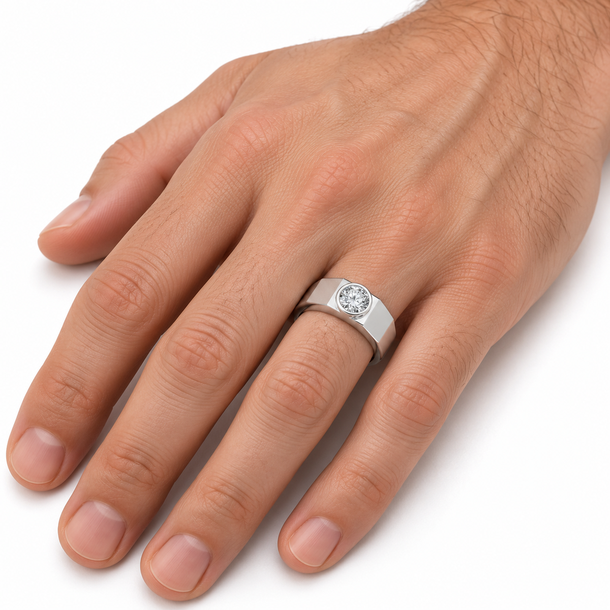 Men's 1 CTW Lab-Grown Diamond Solitaire Tapered Band — 14K White Gold, on-hand photo