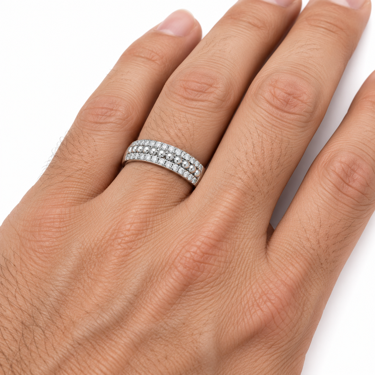 Men's 1/3 CTW Lab-Grown Diamond Beaded Anniversary Band — 14K White Gold, on-hand photo