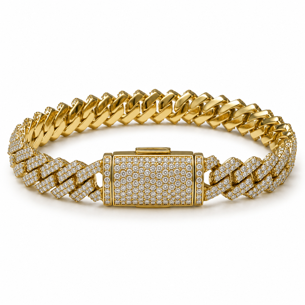 Men's 14k yellow gold diamond Cuban link bracelet, front studio view