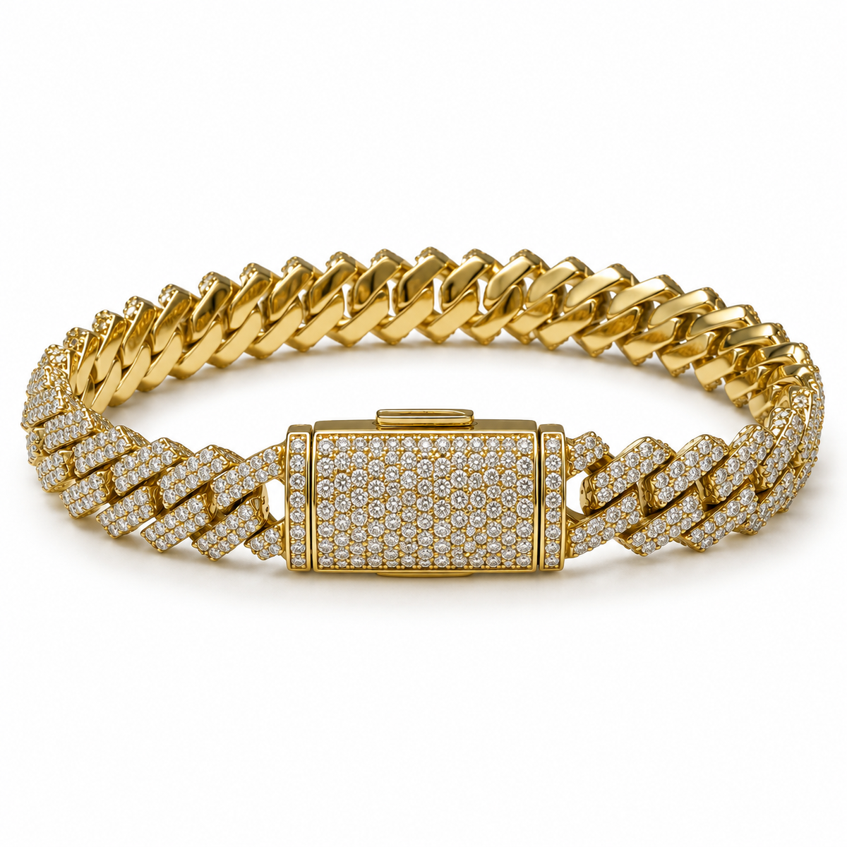 Men's 14k yellow gold diamond Cuban link bracelet, front studio view