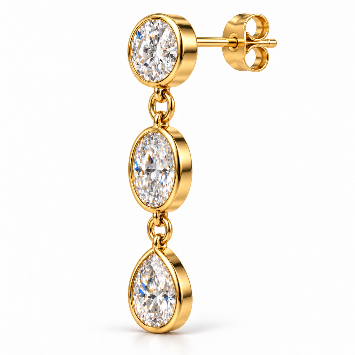 Side view of yellow gold diamond drop earring with push-back closure