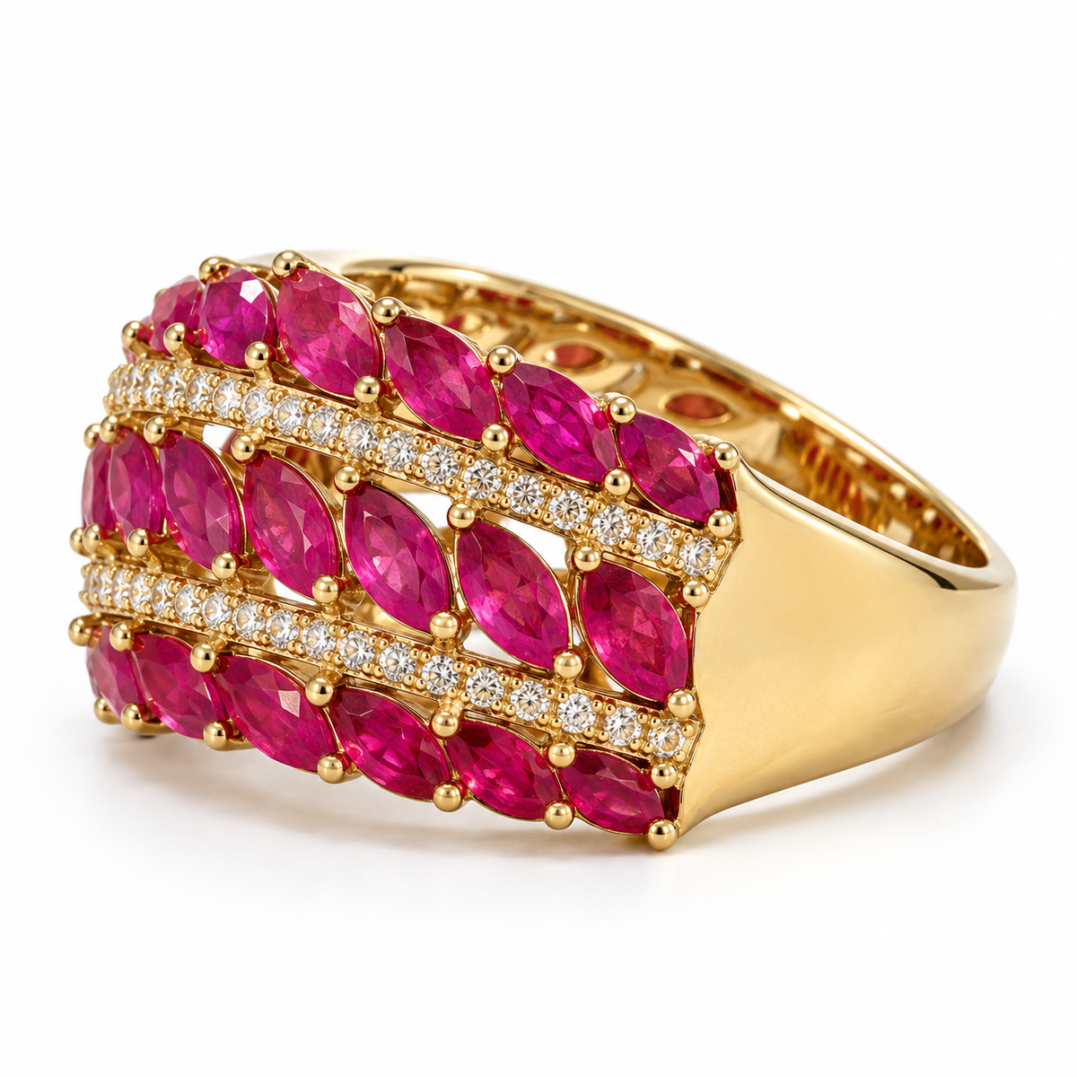 Natural marquise ruby and diamond ring in 14K yellow gold — angled