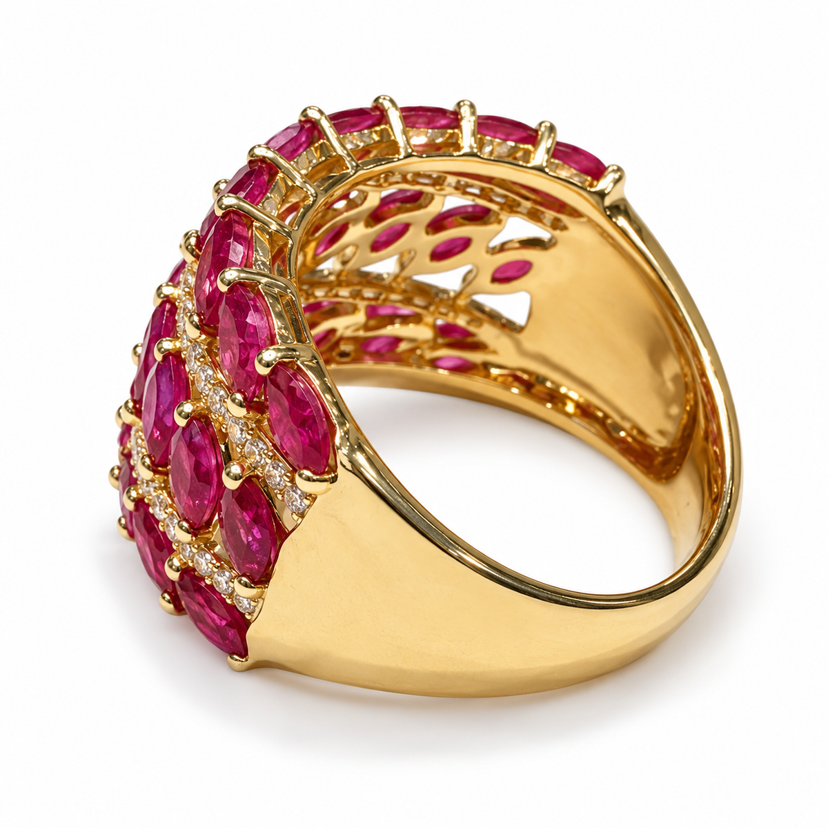 Natural marquise ruby and diamond ring in 14K yellow gold — back