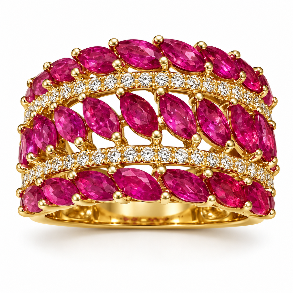Natural marquise ruby and diamond ring in 14K yellow gold — front