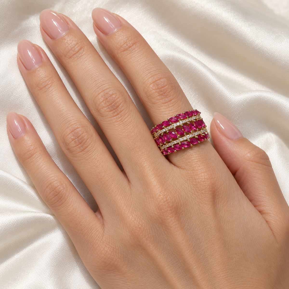 Natural marquise ruby and diamond ring in 14K yellow gold — on-hand
