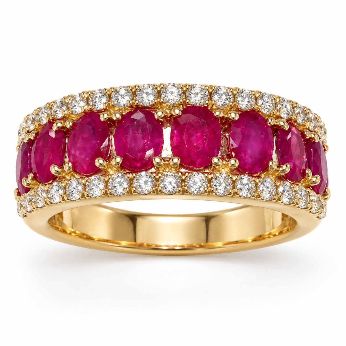 Natural oval ruby and diamond 14K yellow gold band — front view