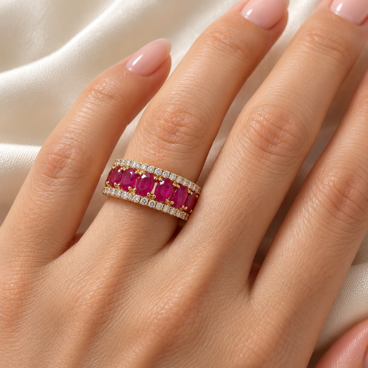 Natural oval ruby and diamond 14K yellow gold band — on-hand view