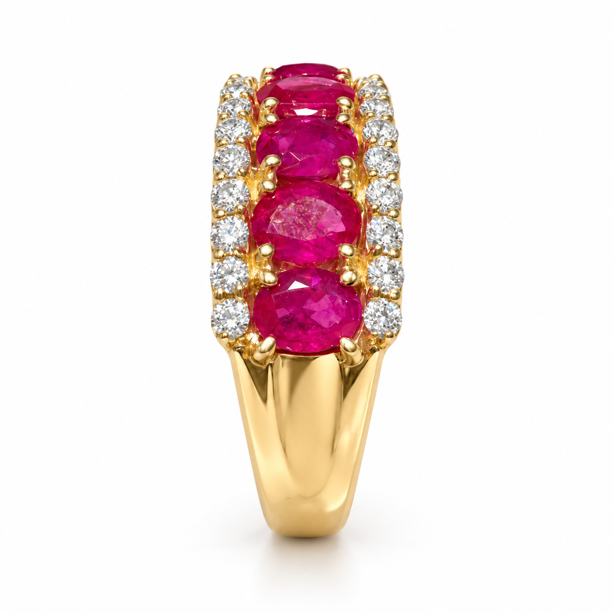 Natural oval ruby and diamond 14K yellow gold band — shoulder view