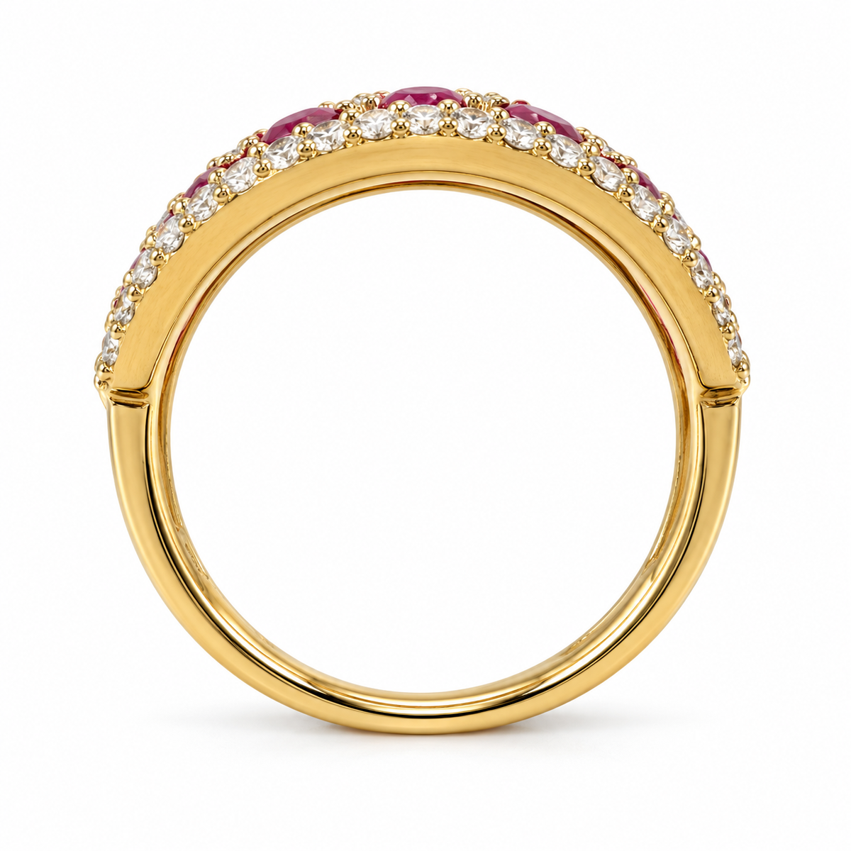 Natural oval ruby and diamond 14K yellow gold band — side-profile view