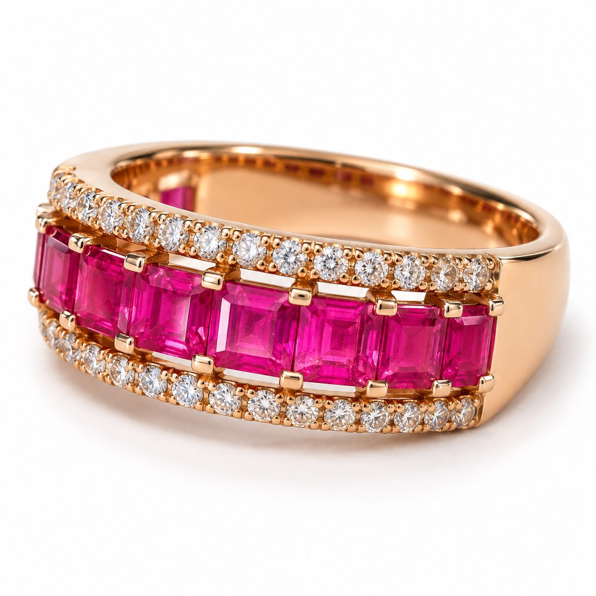 Natural ruby and diamond ring in 14K rose gold, angled view