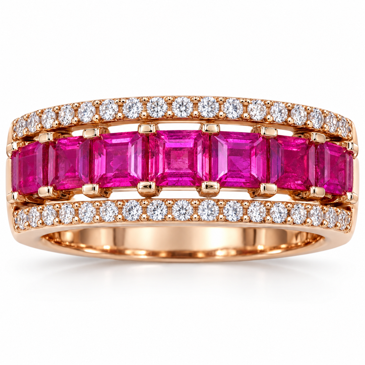 Natural ruby and diamond ring in 14K rose gold, front view