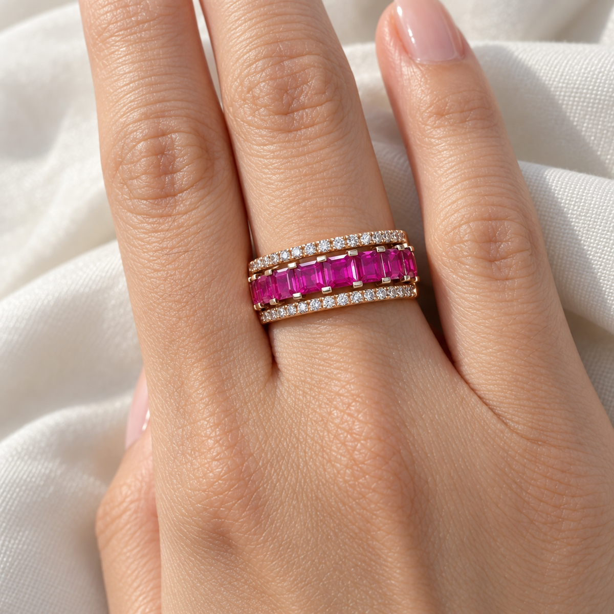 Natural ruby and diamond ring in 14K rose gold, on-hand view