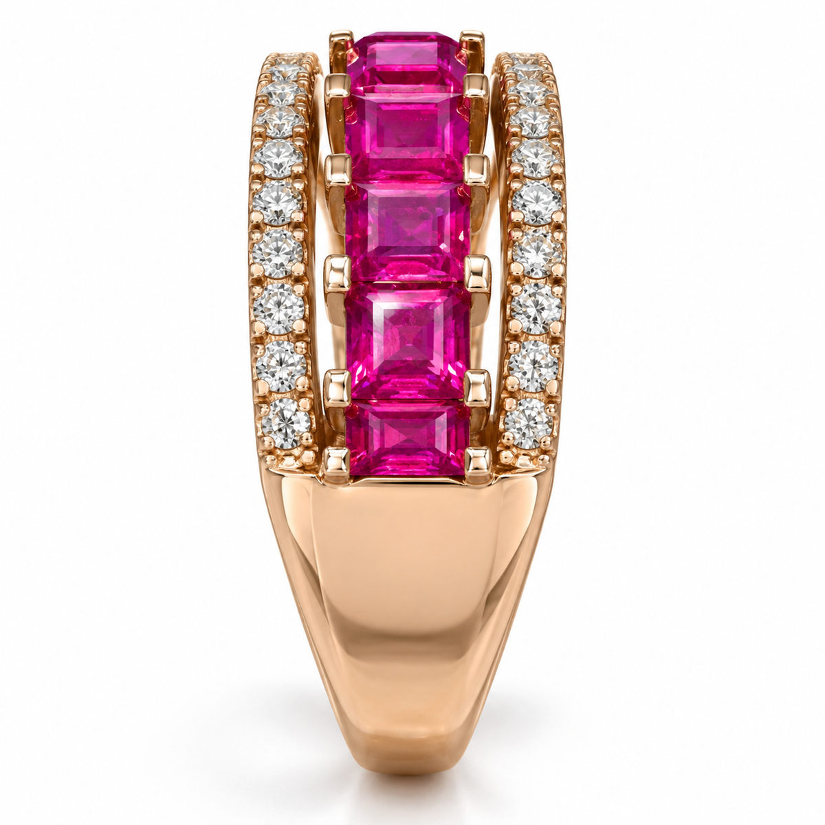 Natural ruby and diamond ring in 14K rose gold, side view