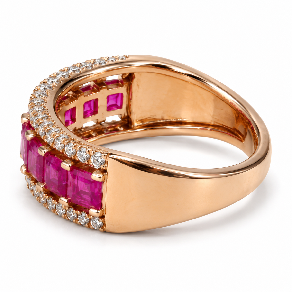 Natural ruby and diamond ring in 14K rose gold, underside view
