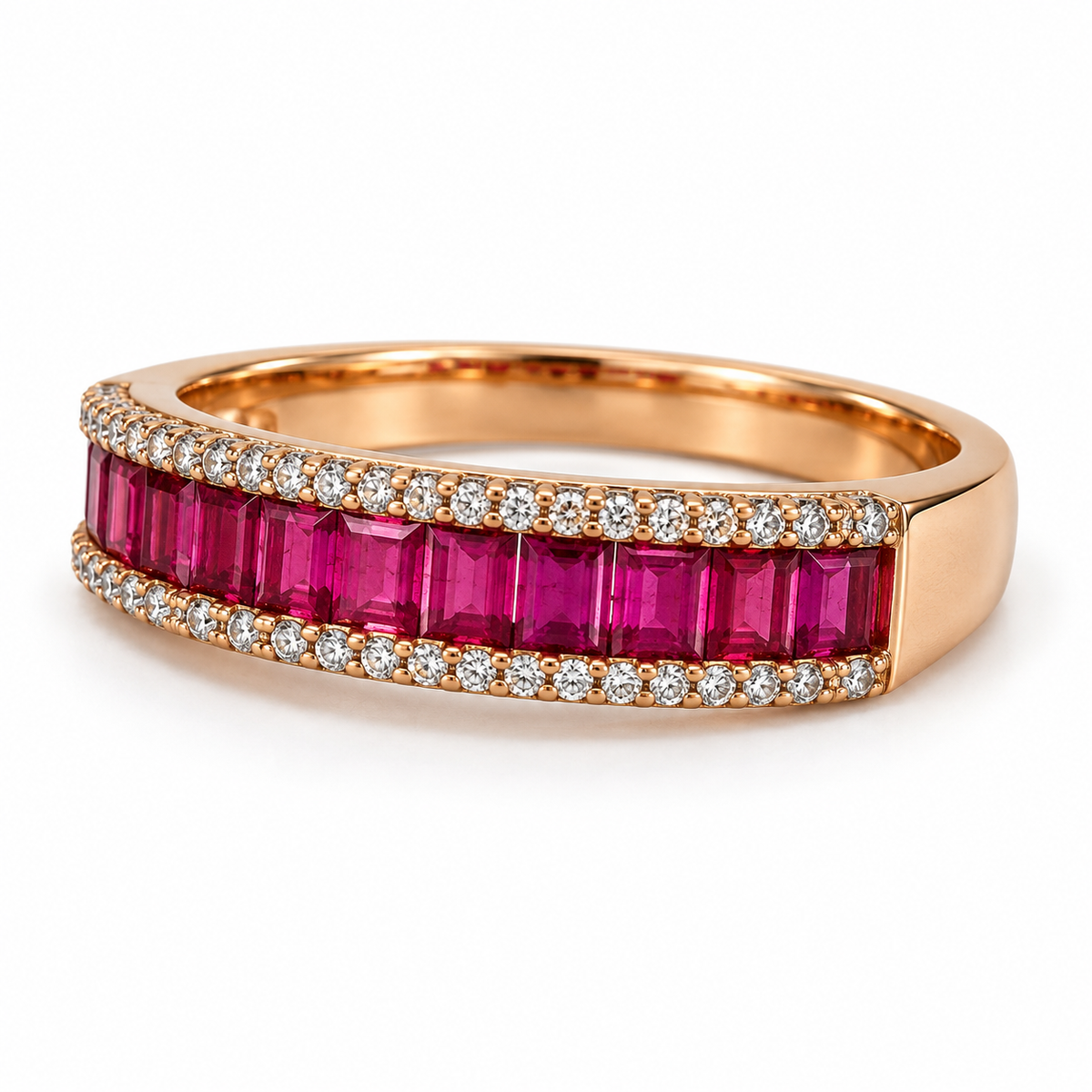 Natural rectangular ruby and diamond 14K rose gold band — angled view