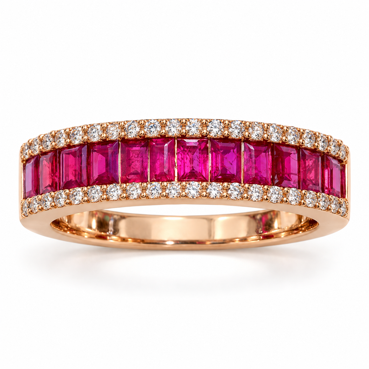 Natural rectangular ruby and diamond 14K rose gold band — front view