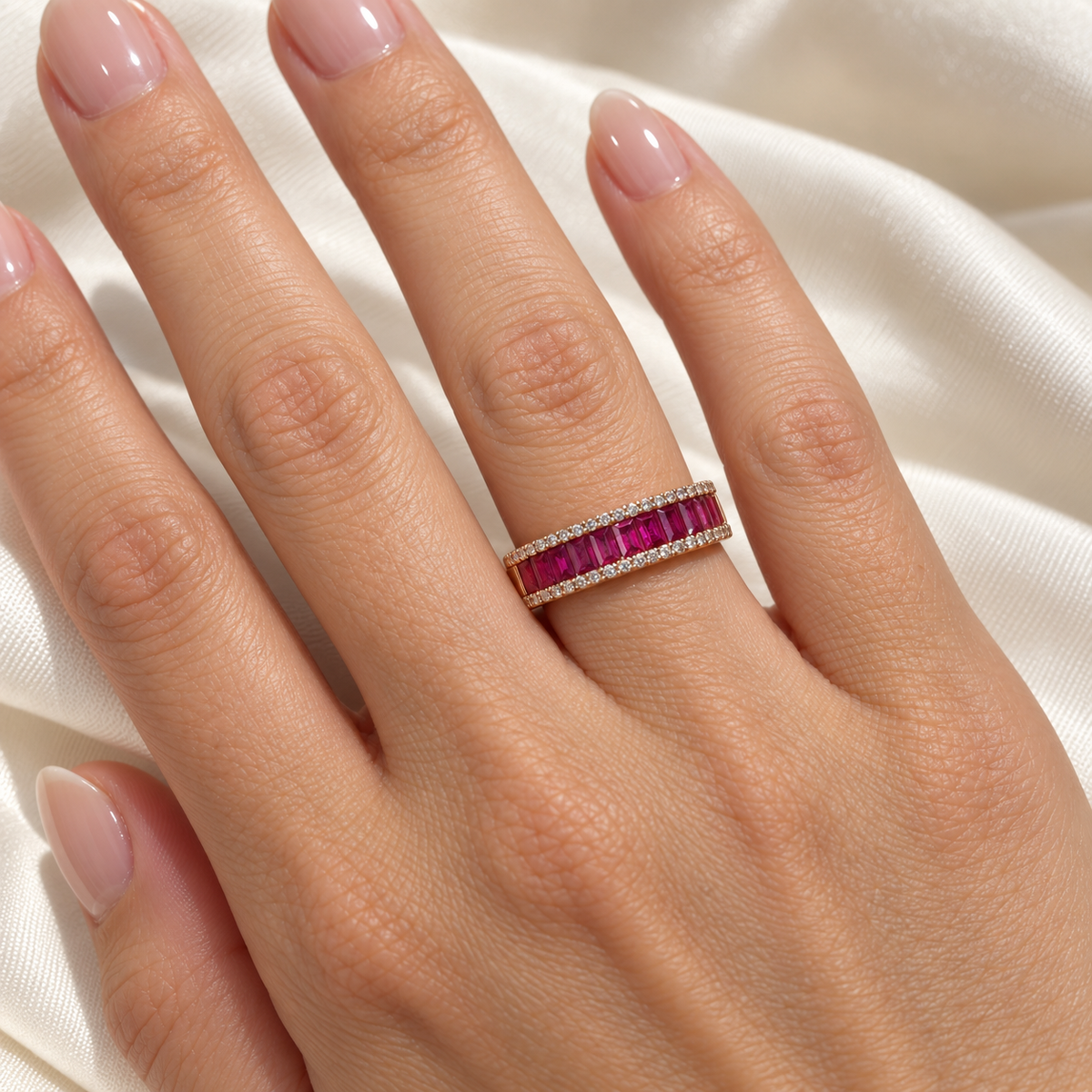 Natural rectangular ruby and diamond 14K rose gold band — on-hand view