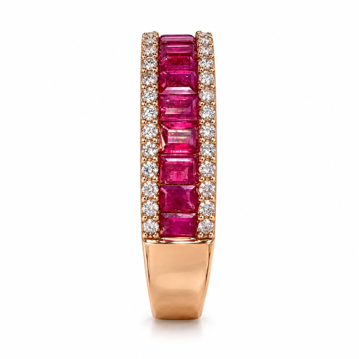 Natural rectangular ruby and diamond 14K rose gold band — shoulder view