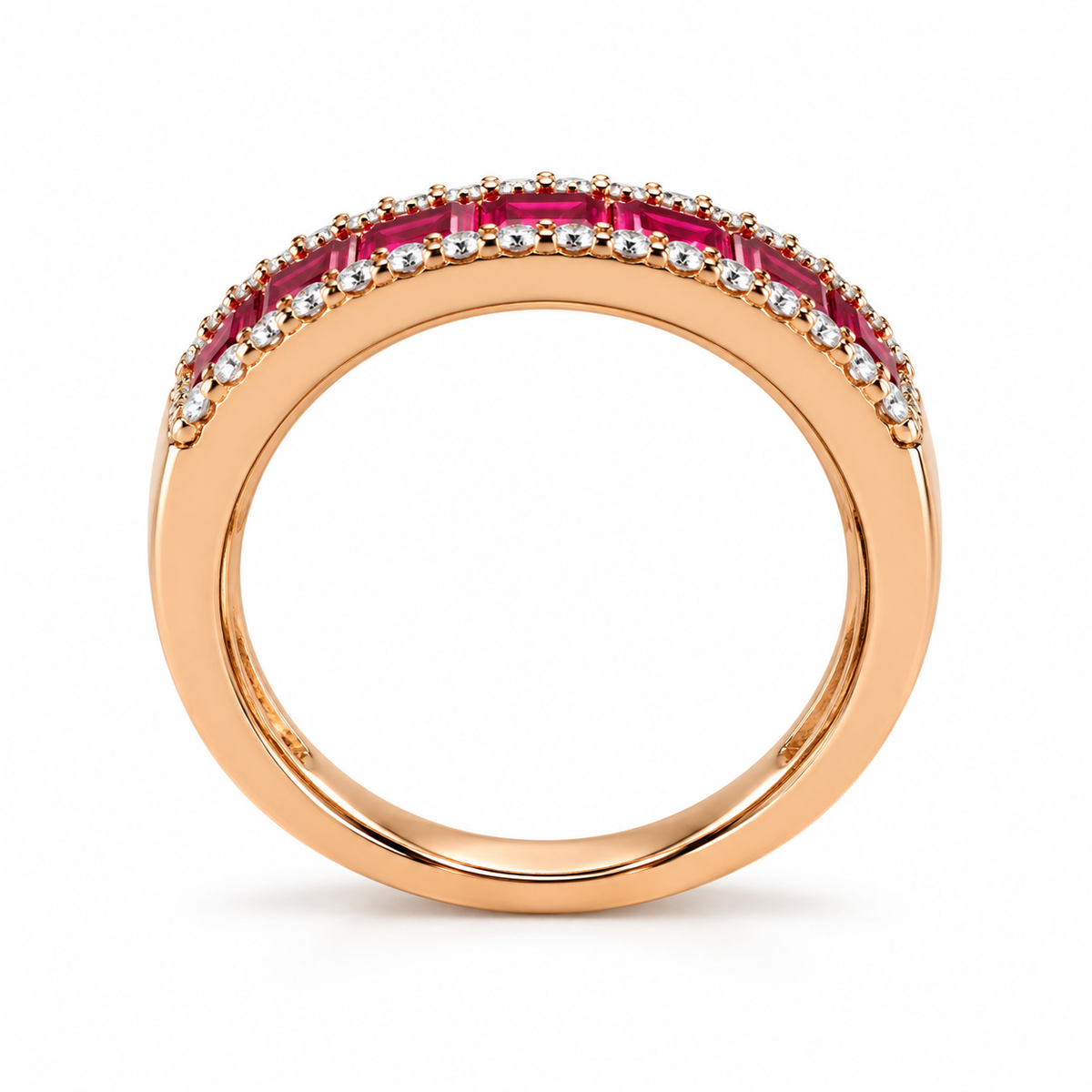 Natural rectangular ruby and diamond 14K rose gold band — side-profile view
