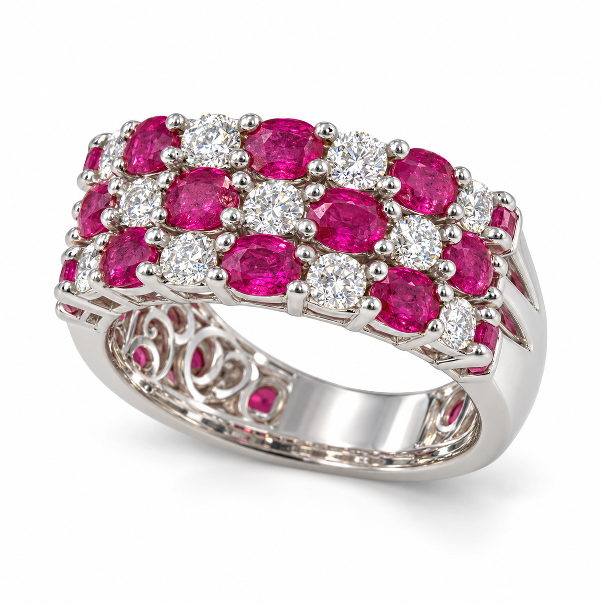 Natural ruby and diamond three-row ring in 14K white gold, angled view