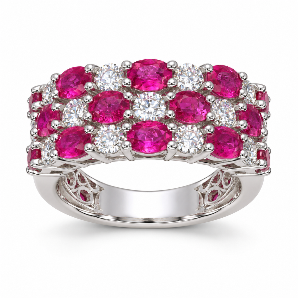 Natural ruby and diamond three-row ring in 14K white gold, front view