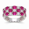 Natural ruby and diamond three-row ring in 14K white gold, front view