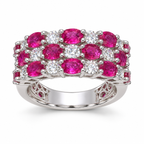 Natural ruby and diamond three-row ring in 14K white gold, front view