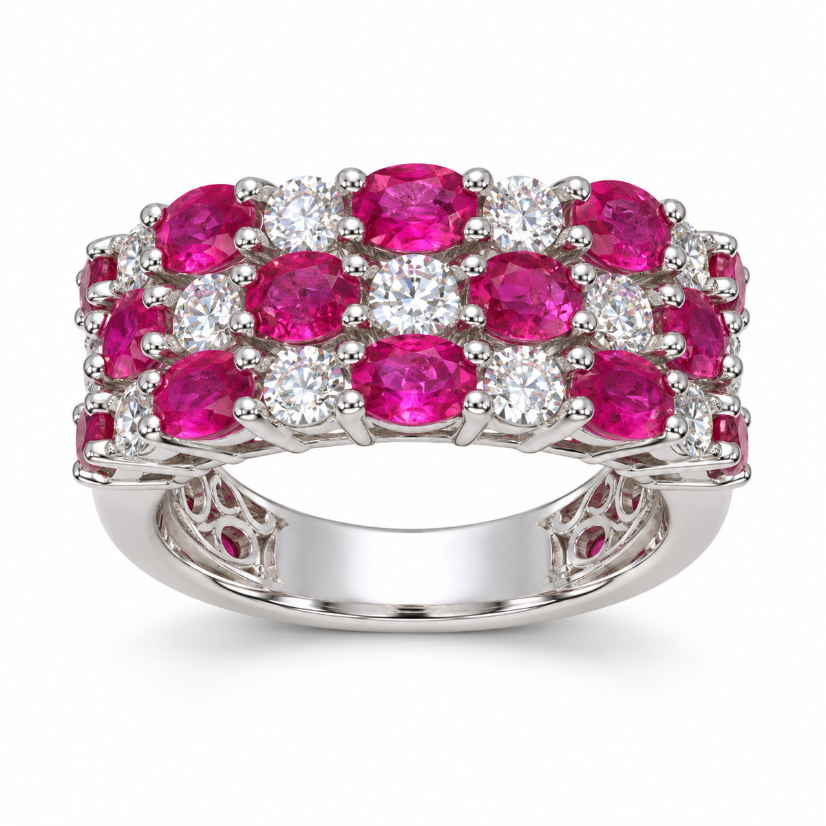 Natural ruby and diamond three-row ring in 14K white gold, front view