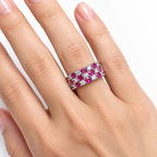 Natural ruby and diamond three-row ring in 14K white gold, on-hand view