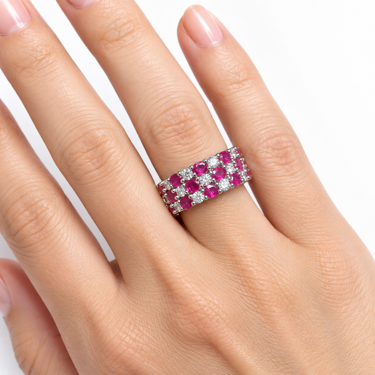 Natural ruby and diamond three-row ring in 14K white gold, on-hand view