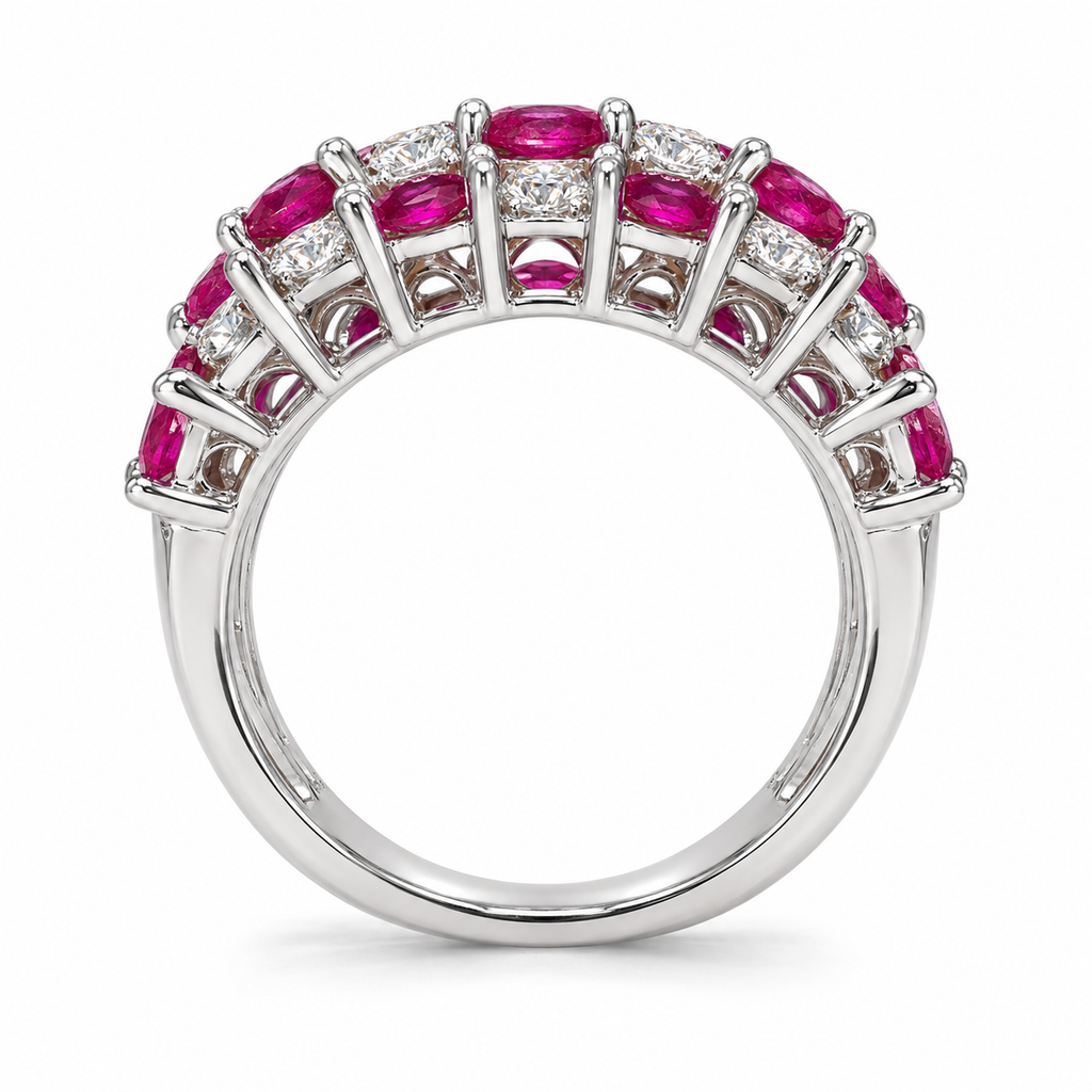 Natural ruby and diamond three-row ring in 14K white gold, side view