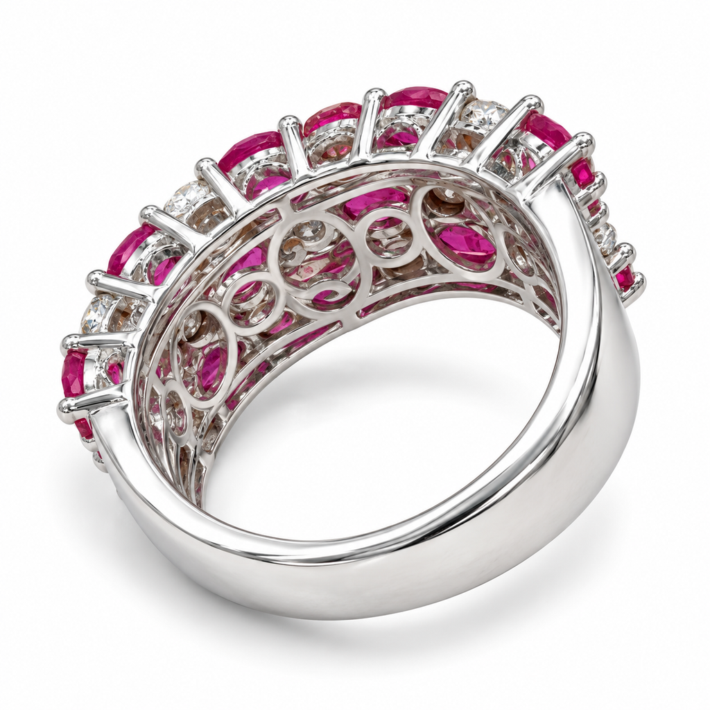 Natural ruby and diamond three-row ring in 14K white gold, underside view