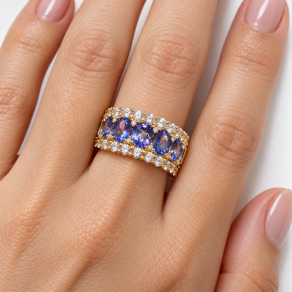 Natural tanzanite white sapphire and diamond ring on-hand view