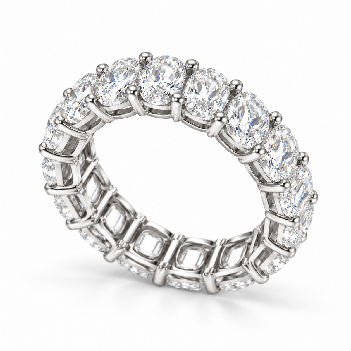 Oval lab-grown eternity band 3.00 x 4.00 mm, white metal, angle view
