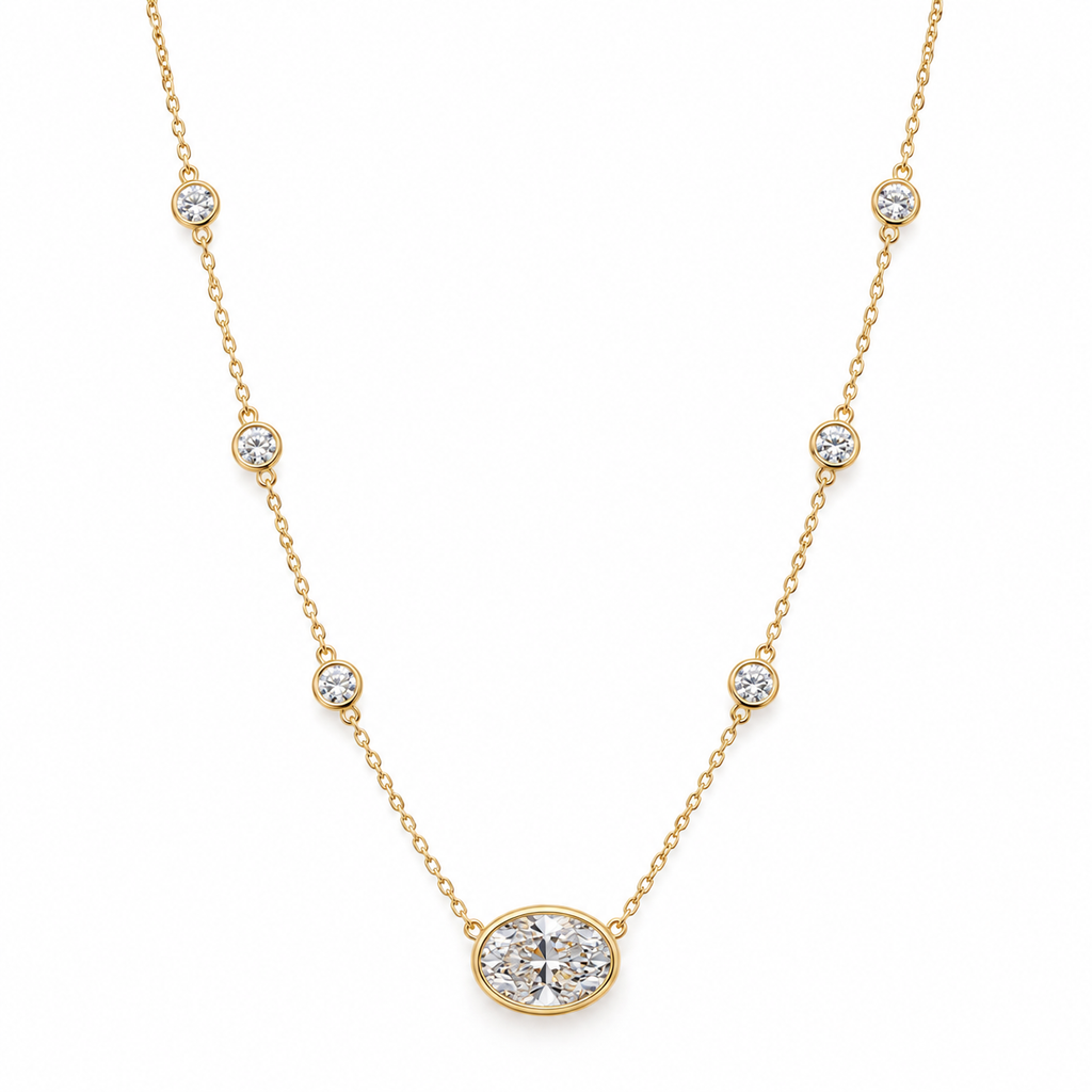 Front view of oval bezel diamond by the yard necklace