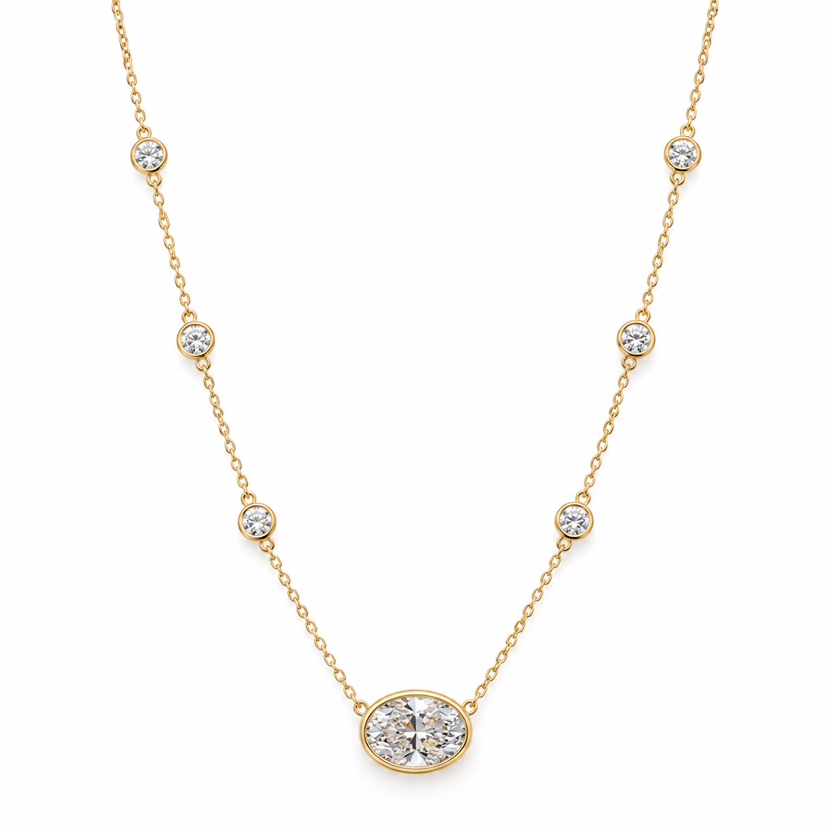 Front view of oval bezel diamond by the yard necklace