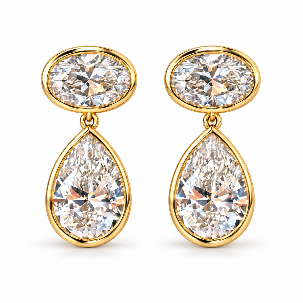 Front view of 6 CTW oval and pear bezel diamond earrings in 14K yellow gold