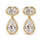 Front view of 6 CTW oval and pear bezel diamond earrings in 14K yellow gold