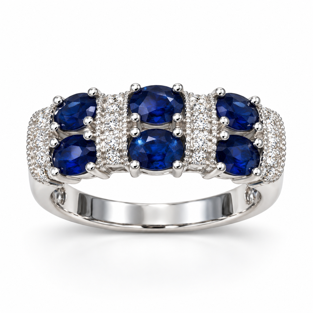 Oval sapphire and diamond band in 14K white gold, front view