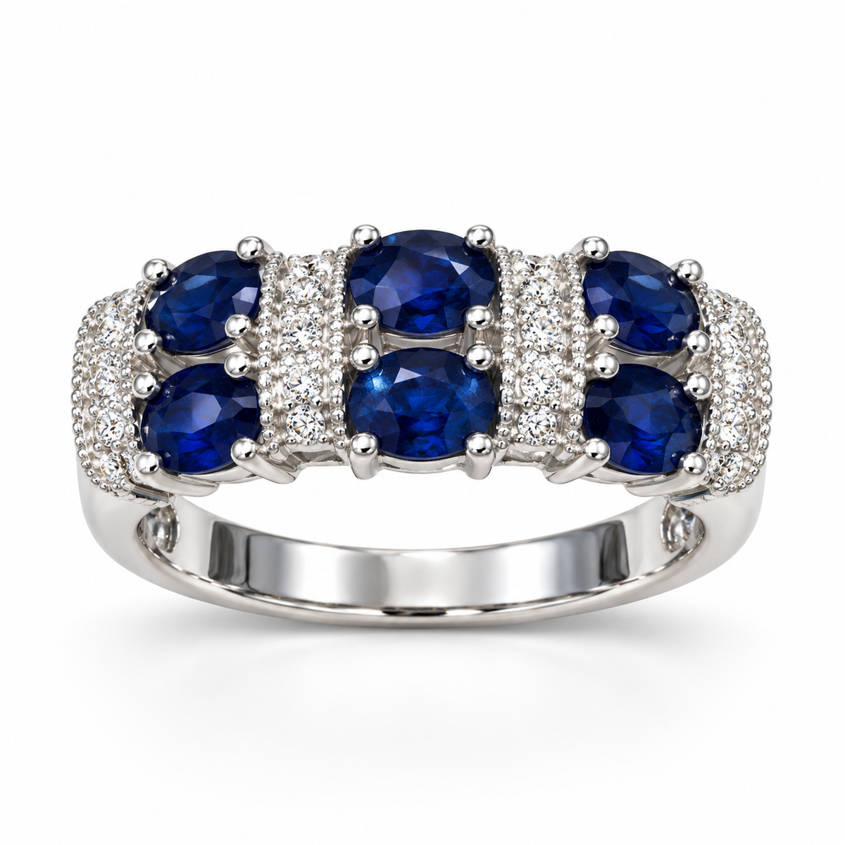 Oval sapphire and diamond band in 14K white gold, front view