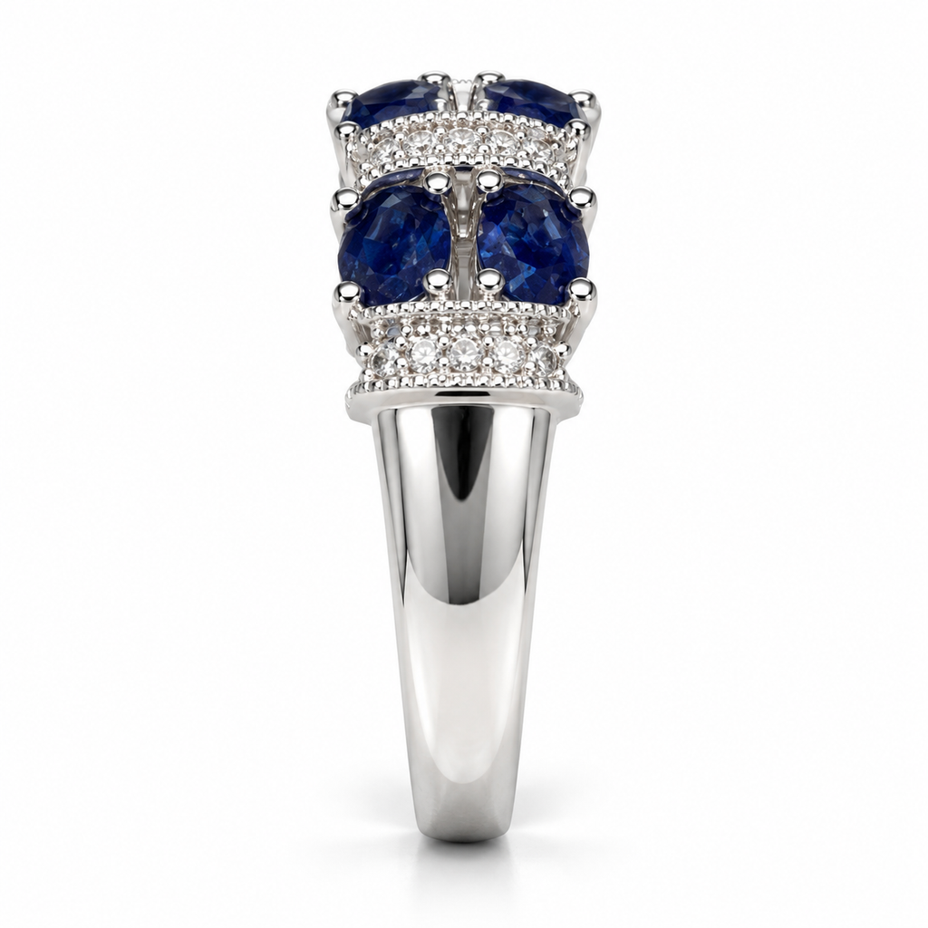 Oval sapphire and diamond band in 14K white gold, shoulder view