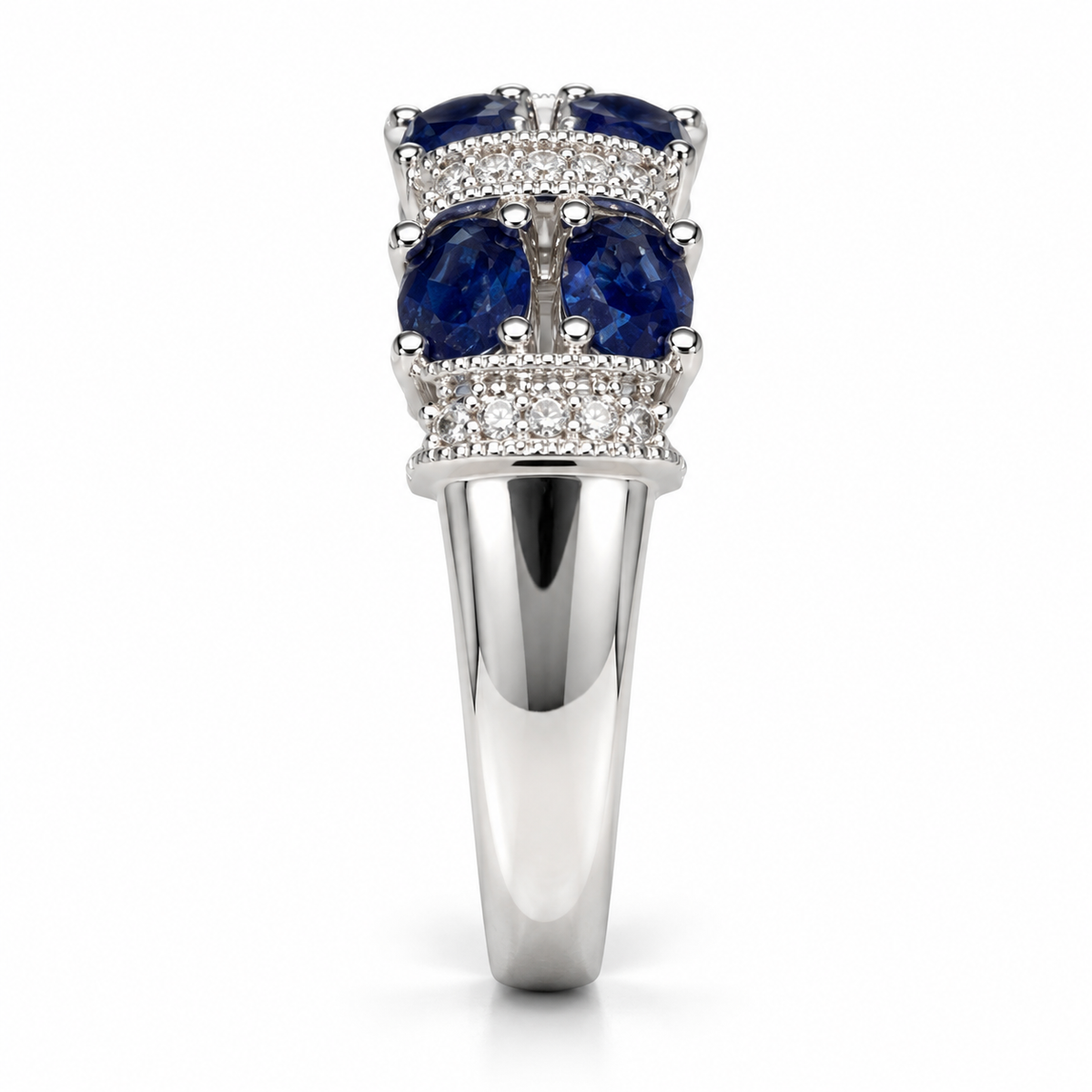 Oval sapphire and diamond band in 14K white gold, shoulder view